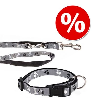Trixie Set: Halsband Pfoten Silver Reflect + Hundeleine