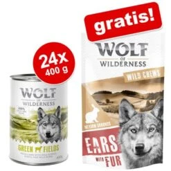 Wolf Of Wilderness 24 X 400 G + Kaninchenohren Mit Fell Gratis!