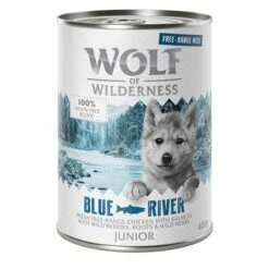 Sparpaket 12 X 400 G Wolf Of Wilderness JUNIOR - "Freiland-Fleisch" Duo-Protein -Günstiges Futter Leine Geschäft wow freerange junior blueriver 400g 1000x1000 4